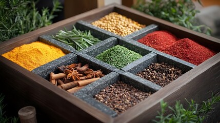 Fototapeta premium Artisanal Culinary Delights: A Vibrant Display of Spices and Herbs Neatly Arranged in a Wooden Tray