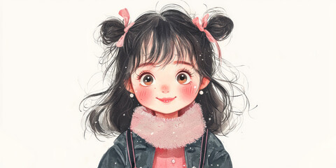 Fototapeta premium A happy and lovely Five-year-old Chinese girl character illustration,Watercolor style, generative AI
