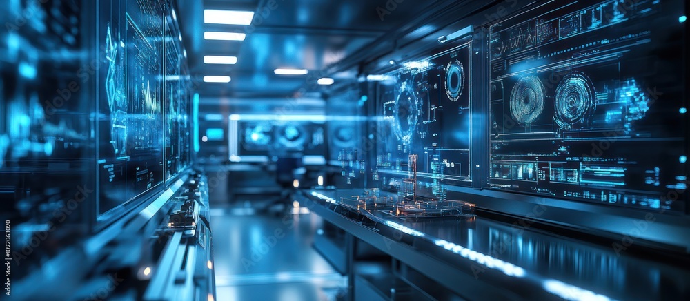 Poster futuristic control room with glowing blue screens displaying data and information.