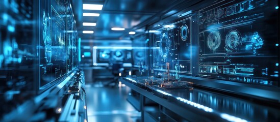 Fototapeta premium Futuristic control room with glowing blue screens displaying data and information.