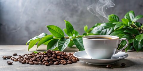 Fototapeta premium A steaming cup of coffee with a scattering of coffee beans and green leaves on a wooden table