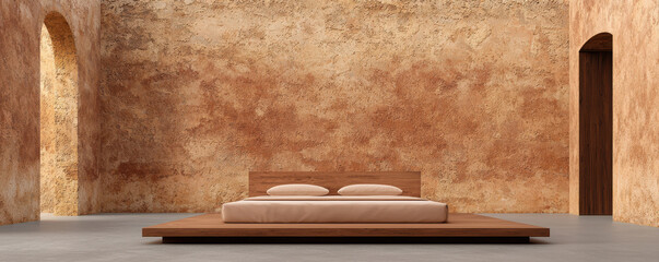 People Lifestyle Minimalist bedroom with wooden bed and textured walls, creating serene atmosphere