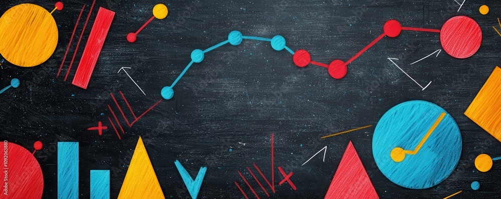 Poster a colorful abstract design featuring geometric shapes and a line graph, set against a dark backgroun