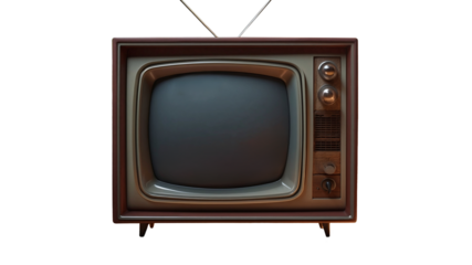 Old retro television set with blank screen, isolated against a clean background, highlighting vintage aesthetics with dials, knobs, and timeless charm.
