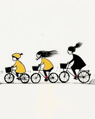 Obraz premium Three Girls Riding Bicycles in Artistic Style