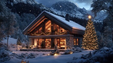 Fototapeta premium A cozy chalet nestled in the snowy mountains with a decorated Christmas tree in front, glowing with warm lights.