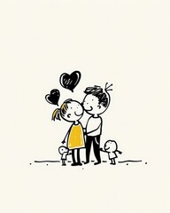 Happy Family Illustration with Hearts and Children