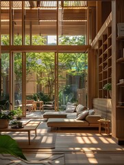 Fototapeta premium Interior of modern living room with wooden walls, tiled floor, panoramic windows and comfortable sofa