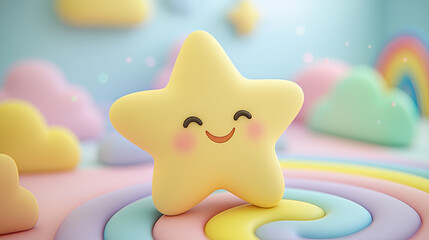 Fototapeta premium Cute yellow star with smiling face surrounded by pastel clouds and rainbows