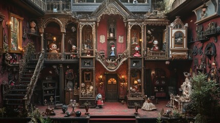 Fototapeta premium A meticulously crafted dollhouse with intricate details and a dark, gothic aesthetic, featuring multiple levels, balconies, and a front door with a red carpet.