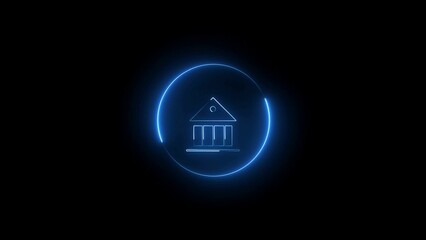 glowing neon bank sign icon with circle animation on black background.	