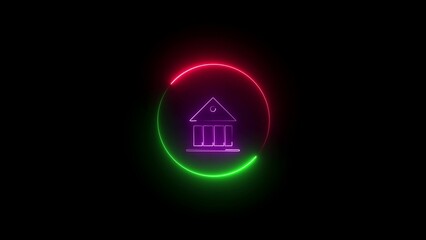 glowing neon bank sign icon with circle animation on black background.	
