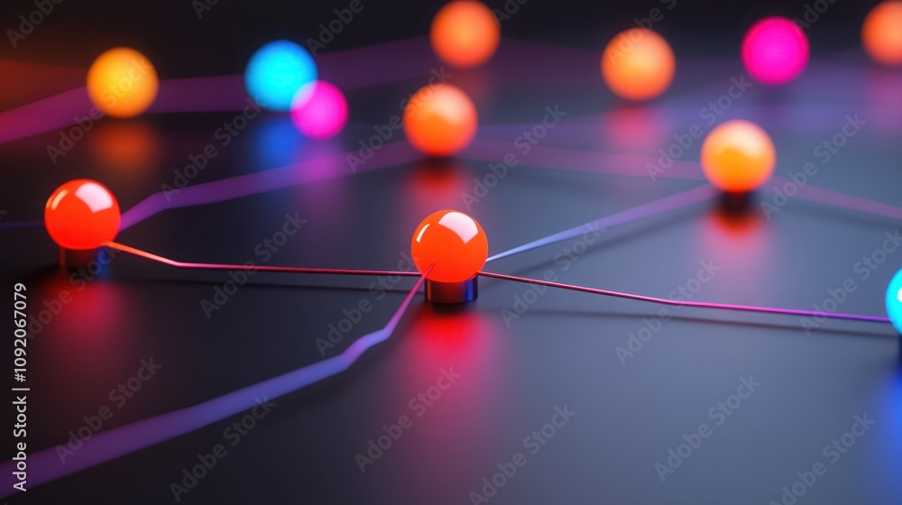 Poster abstract composition of colorful spheres connected by wires on dark background, representing technol