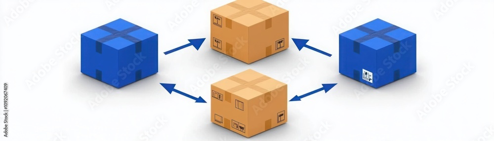 Poster colorful cardboard boxes in an abstract warehouse scene with arrows indicating shipping and logistic