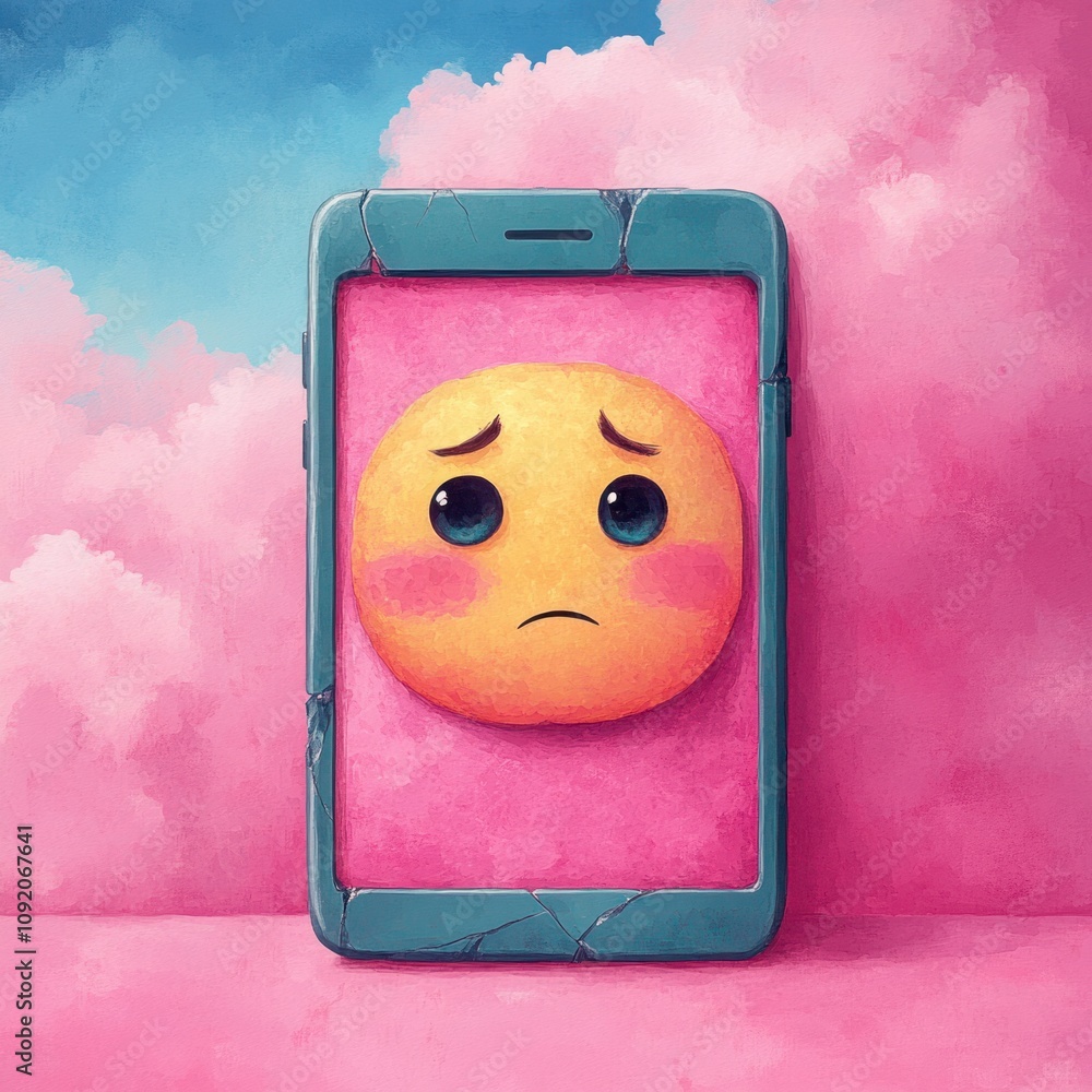 Poster digital emotion concept with sad emoji on smartphone surrounded by colorful clouds and a soft pastel