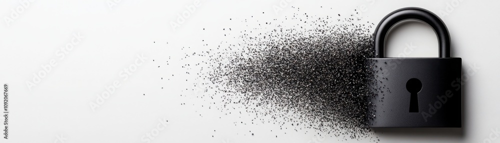 Poster black padlock breaking apart with tiny particles dispersing across a white background representing s