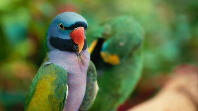 Close up of a Derbyan parakeet sitting on a tree branch. Slow motion. 