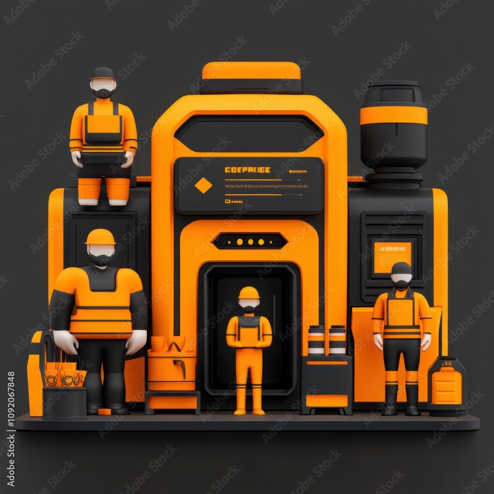 Poster stylish modern construction site with characters in orange uniforms representing workers and machine