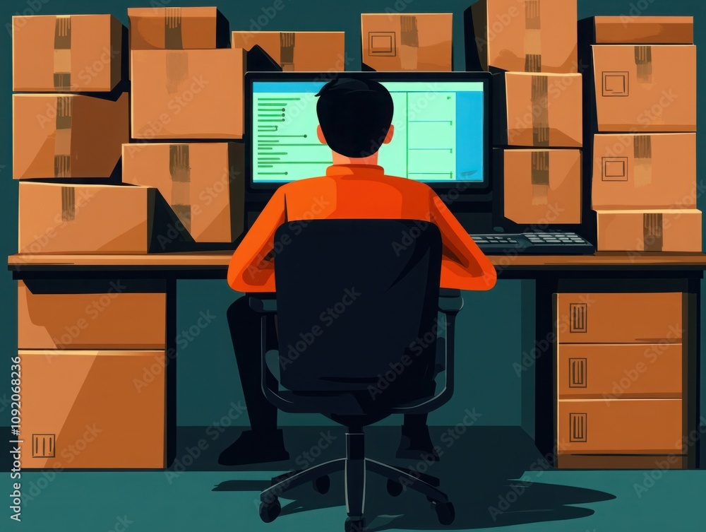 Aufkleber person working at desk surrounded by many cardboard boxes, focusing on computer screen in a busy pro