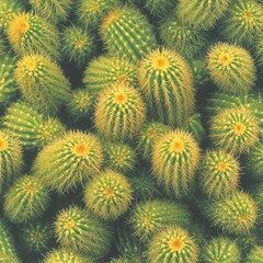 Obraz premium A vibrant cluster of green cacti with yellow flower tops.