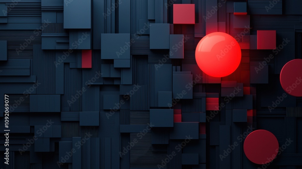 Poster a modern, abstract design featuring geometric shapes in dark tones with contrasting red circles, cre