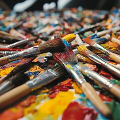 Obraz premium A vibrant collection of paintbrushes resting on a colorful palette.
