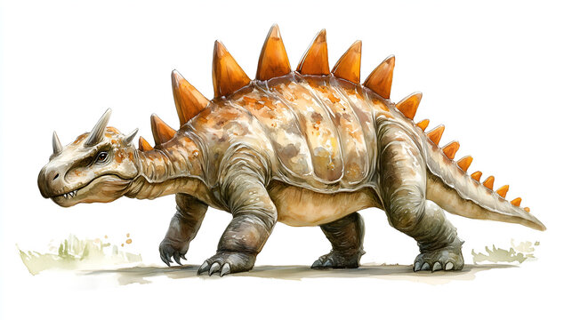 watercolor stegosaurus dinosaur with orange spikes clip art preview