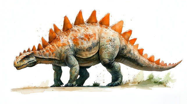 watercolor stegosaurus orange spikes walking on white clip art preview