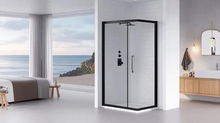 Elegant Modern Walk in Shower with Minimalist Black Framed Glass Panels and White Tiled Walls
