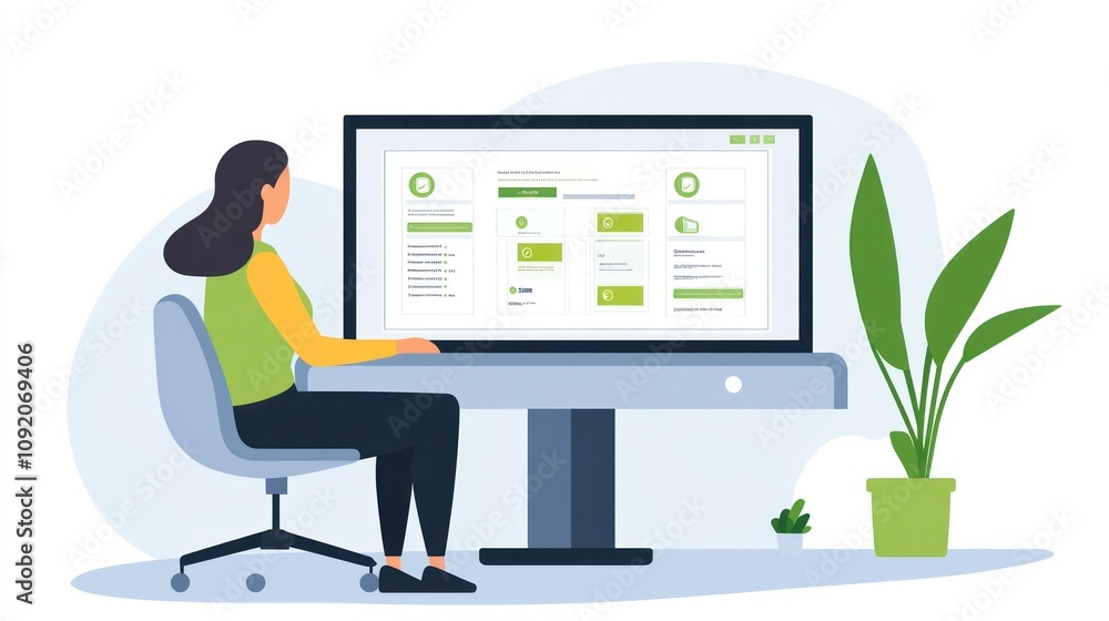 Poster A person working at a computer with a user interface on the screen and plants nearby.
