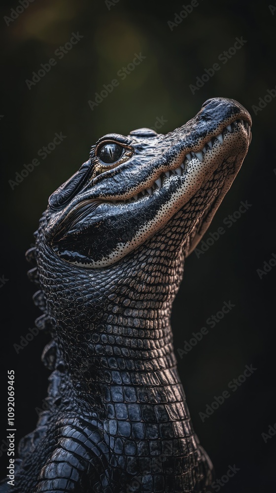 Poster a close-up of a crocodile showcasing its textured skin and distinctive features.