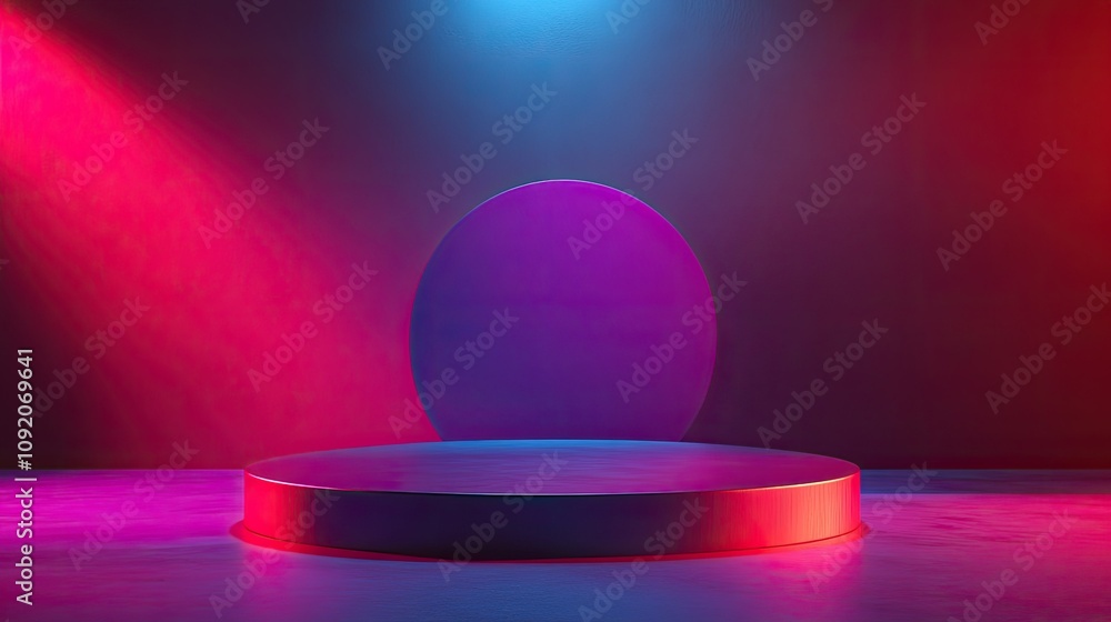 Poster round podium in a subtle gradient light beam, centered on an abstract dark background
