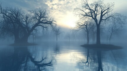 Fototapeta premium A misty forest scene with bare trees reflected in a still lake at sunrise.