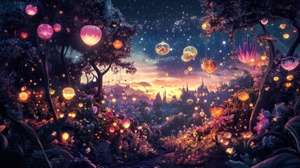 Obraz premium A magical forest at night with glowing lanterns and a city in the distance.