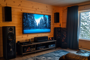 Fototapeta premium Home Theater Setup in a Cozy Wooden Room with Stunning Winter View