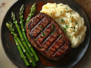 Juicy fried steak with mashed potatoes and asparagus on a designer platter.