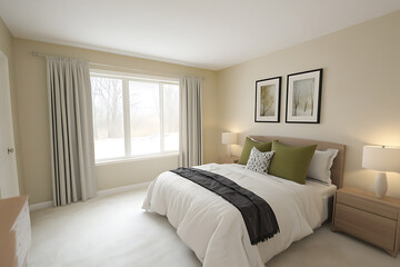 Fototapeta premium Modern Minimalist Bedroom Interior Design: Luxurious Comfort and Style in a Residential Space