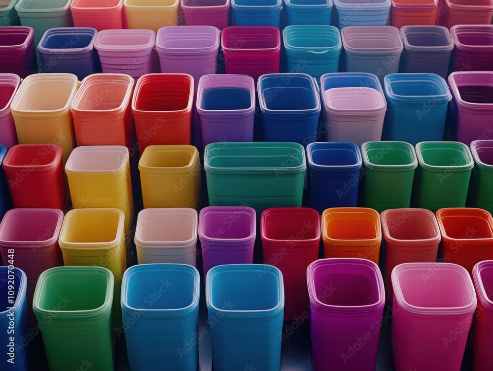 Poster vibrant array of colorful plastic containers stacked neatly in rows for creative display and design 
