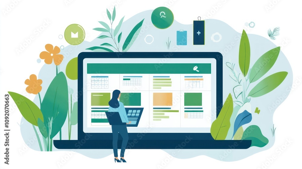 Aufkleber a person interacts with a laptop displaying organized data surrounded by plants.