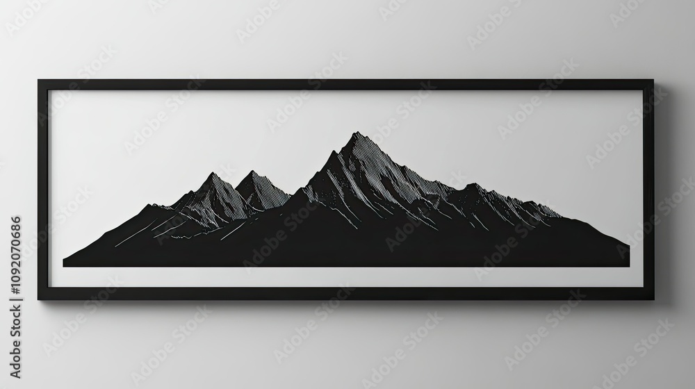 Poster simplistic mountain peak design with sharp lines and monochrome tones, ideal for minimalist interior