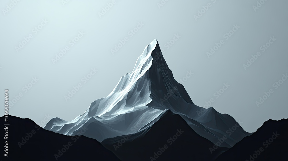 Poster simplistic mountain peak design with sharp lines and monochrome tones, ideal for minimalist interior