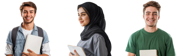 Group of three college students at a university, isolated on transparent background
