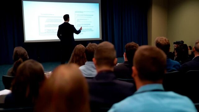 Modern conference room filled with attentive diverse audience listening focused on blurred professional speaker presenter man or college teacher presenting with projection screen in distance at front
