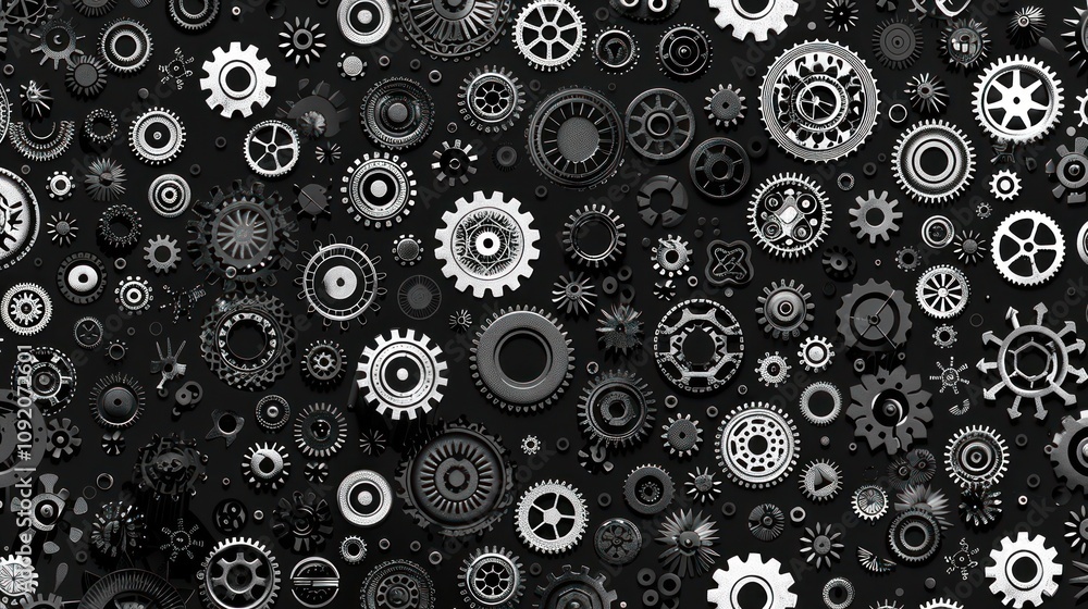 Poster seamless pattern of various gears in grayscale.
