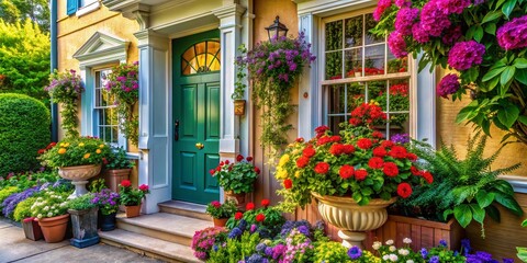 Fototapeta premium Captivating Macro Photography of a Charming Home Front View Emphasizing Architectural Details, Lush Landscaping, and Inviting Atmosphere for Stock Imagery Use