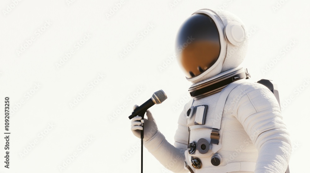 Poster an astronaut holding a microphone against a minimalistic background.