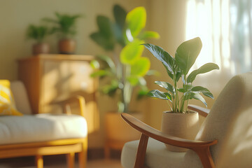 Fototapeta premium Serene Home Interior: Sunlight Illuminates Lush Potted Plants in a Cozy Living Room Setting