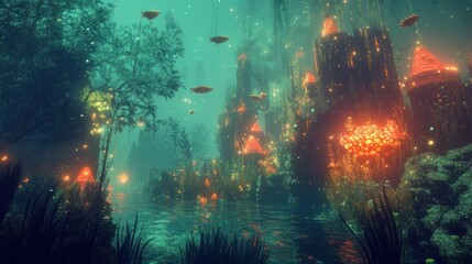 Obraz premium A surreal underwater landscape with glowing coral reefs, luminescent plants, and mysterious flying objects.