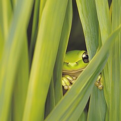 A vibrant green frog peeking through tall grass blades in a natural setting.