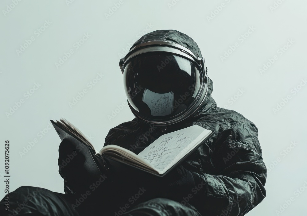 Poster An astronaut in a suit reading a book, blending space themes with introspective leisure.